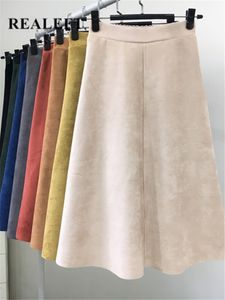 Skirts REALEFT Autumn Winter Women Suede Midi Skirts High Waist Multi Color Elegant A-Line Skirts Umbrella Ladies Skirt Female 230221
