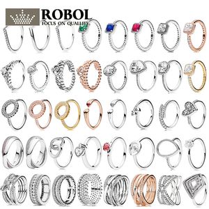 Real 925 anel de prata esterlina gravado com logotipo cintilante Love Heart Diamond Pandora Anel Gemstone feminino anel feminino