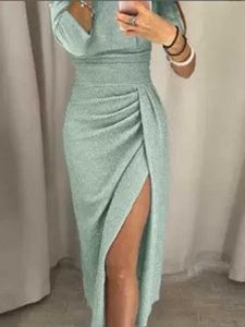 Casual Dresses Elegant Midi Bodycon Dress Women Sexy Off-shoulder Side Slit Dress Solid Evening Party Dress Female Fashion Long Sleeve Dress L230221