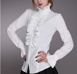 Blouses feminina camisas vitorianas Blusa de flouse vitoriana Mulheres da mulher de escritórios Business Camisa branca pescoço alto Frilhas com babados femininos 230220