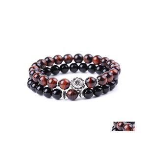 Braccialetti con ciondoli Uomo Bracciale con pietra occhio di tigre rossa Bracciale con loto Buddha fatto a mano 8 mm Perline nere Estate Gioielli da donna Regalo Consegna di goccia Dhjyr