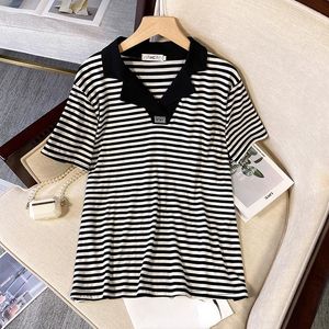 Women's T Shirts 2023 Summer XL-4XL överdimensionerad t-shirt Kvinnor Casual Loose Stripe Short-Sleeve Tops V-Neck Turn-Down Collar Large Size Tshirt