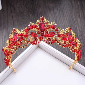 Tiaras Baroque 고급 붉은 크리스탈 신부 왕관 Tiaras 금색 금색 미인 대회 대회 대회 대회 대회 베일 티아라 여성 신부 웨딩 헤어 액세서리 Z0220