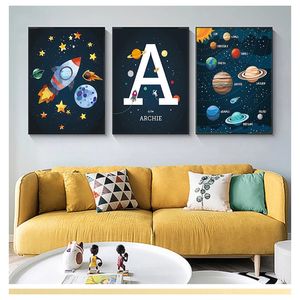 Brief Kindergarten Wand Kunst Leinwand Malerei Nordic Poster Und Drucke Wand Bilder Kinderzimmer Dekor Planet Rakete Raumschiff Nummer Woo