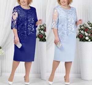 Jewel Neck Plus Size Mother Of The Bride Dresses In Stock Royal Blue Long Sleeves Knee-Length Mother Formal Party Wedding Gown FS7261