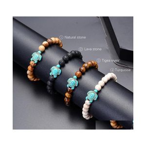 Charm Bracelets Sea Turtle Beads Strand For Women Men Classic Lava Stone Tiger Eye Turquoise Elastic Friendship Bracelet Beach Jewel Dhsgr