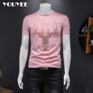 Men's T-Shirts Tshirt Men's Mercerized Cotton Deer Head Rhinestone Summer Fashion ONeck Soft Comfortable High Quality Male Tee Top Clothing Z0221