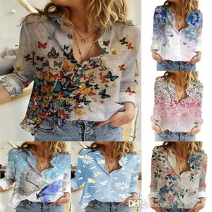 Spring Womens Shirts New Long Sleeve Lapel Multicolor Geometric Printing Temperament Cardigan Single Breasted Shirt