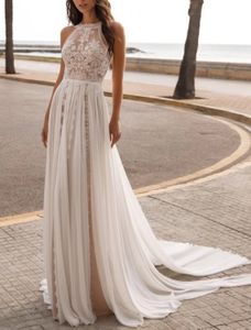 Sexy Beach Wedding Dress 2023 A-line bez rękawów kantar szyfonowy haft koronkowy Lato boho ślubne suknie przy imprezach ślubnych szatą de mariee