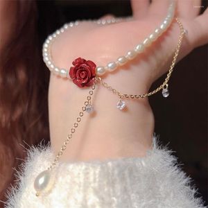 Ketten Mode Perle Halskette Vintage Mehrschichtige Strass Rose Pendent Schlüsselbein Kette Für Frauen Schmuck Jahrestag Geschenke