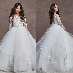 Girl Dresses Romantic Off The Shoulder Flower Girls For Wedding Bride Illusion Long Lace Sleeves Tulle Champagne Designer Kids