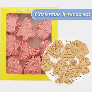 Baking Moulds 8Pcs 3D Christmas Cookie Cutters Biscuit Mold Santa Snowman Tree Elk Cookie Mould Stamp Xmas Year Party Decor Baking Tools 230221