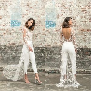 Party Dresses Sexy Modern ONeck Backless Wedding Pant Suits For Brides Brush Train Lace Jumpsuit Elegant Formal Dress 230221