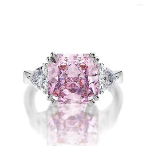 Cluster-Ringe für Damen, Hochzeitsschmuck, 925er-Sterlingsilber, rhodiniert, rosafarbener Zirkon mit drei Steinen für Frauen