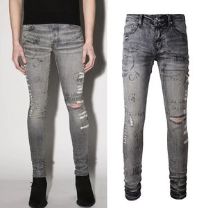 Bedruckte graue Stretch-Denim-Jeans für Herren mit schmaler Passform und Reißverschlussdetails