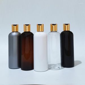 Förvaringsflaskor 300 ml Vita plastflaskbehållare Guldpress Cap 10oz Shampoo Duschgel Förpackning Aluminiumskivskåpan