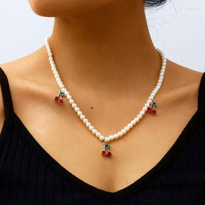 Anhänger Halsketten Chic Temperament Imitation Perle Perlen Rot Kristall Kirsche Halskette Frauen Mode Geometrische Schmuck XR3210