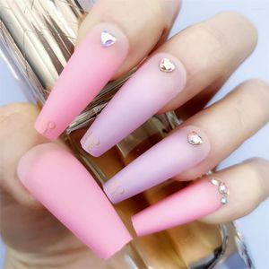False Nails Shiny Gradient Pink With Rhinestones Designed Glossy Press On Coffin Extra Long For Party Matte Manicure 24pcs