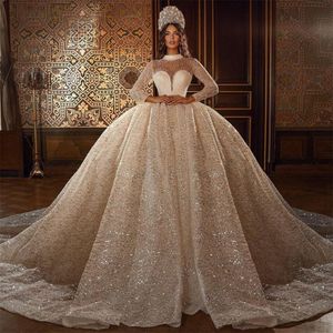 Luxury Ball Gown Wedding Dresses Long Sleeves V Neck Halter Sequins Appliques Beaded 3D Lace Hollow Shiny Ruffles Bridal Gowns Plus Size Custom Made Vestido de novia