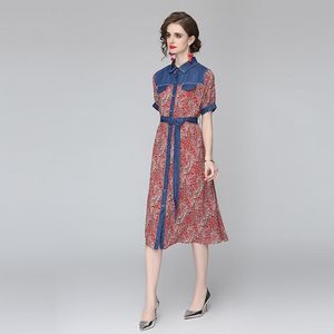 Party Dresses 2023 Summer Shirt Denim Fashion Women Flower Print Single Breasted Patchwork Chiffon Lace Up Lapel Collar Midi Dress