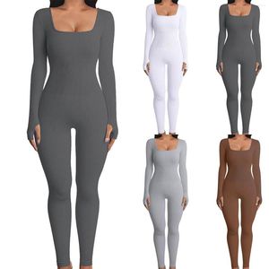 Women's Two Piece Pants Jumpsuit Women Ribbed Knit Long Sleeve Skinny Rompers Sport Yo-ga Playsuits Solid Color Round Neck Bodycon Bodysuits