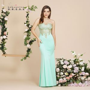 Partykleider Babyonline Minze Grüne Brautjungfer Maxi Bodenlänge Meerjungfrau Kleider elegante goldene Appqulies Schatz Illusion Sommer 230221