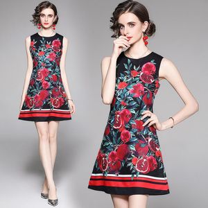 Casual Dresses Summer Vintage Pomegranate Floral Striped Print Crew Neck Sleeveless Women Ladies Party Evening Mini Vest Shift Dress