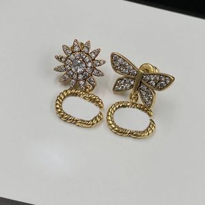 Flower Butterfly Charm Classic Double Letters Ear Stud Full Diamond Women Earrings for Birthday Gift