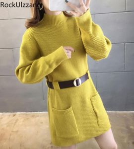 Casual Dresses Fall Winter Women Solid Knit Waist Belt Long Sleeve Elegant Mini A-line Dress Korean Cloth Vintage Fashion Knitted Sueter