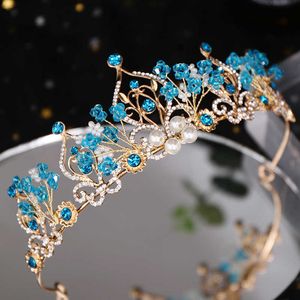 Tiaras çiçek incisi mavi kristal tiara moda prenses taç gelin diadem düğün taç tiaras saç takı düğün saç aksesuarları z0220