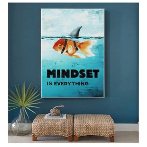 Home Decor Mindset Is Everything Shark Fish Paintings Motivational Nordic Poster For Living Room Wall Art Canvas Painting Printed Woo