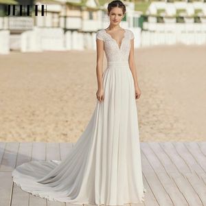 Festklänningar Jeheth Illusion Cap ärmar Lace Chiffon Boho Chic Wedding For Women Sexig Deep Vneck Bride Gowns elfenben Robe de 230220