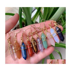 Charm Wire Wrap Naturstein Charms Tropfenohrringe Sechseckige Amethyste Lapis Lila Quarz Rosa Kristall Ohrring Chakra Pendu Baby De Dhyfr