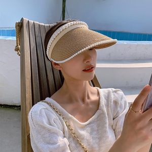 Breda brim hattar pärla tomt topp stor sol hatt strand sommar casual halm cap visors kvinnor fiskare casquette femmewide