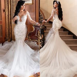 Sukienki imprezowe Ślub z syreną z długim rękawem dla kobiet panny młodej biała iluzja koronkowa sukienka ślubna v szaty bez pleców du Soir 230221
