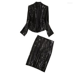 Work Dresses High Fashion Women Clothes Two Pieces Set Sexy Outfits Black Sequins Jacket Pencil Skirt