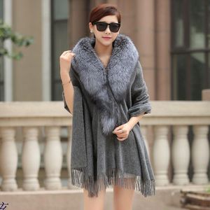 Scarves Fashion Cashmere Cape With Natural Real Fur Collar Cloak WOmen Winter Shawl Scarf Tassel Grey Color S94Scarves ScarvesScarves