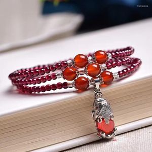 Strand Wine Red Garnet Bracelets de pedra natural Binchas AGate tibetano pingente de prata feminino Bracelete de beleza joias multicamadas