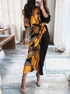 Casual Dresses Cheetah Scarf Print Colorblock Slit Shirt Dress Women Maxi