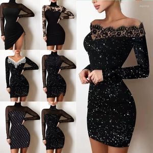 Casual klänningar kvinnor bling mini klänning bodycon mesh spets lång ärm smal kväll vestidos off axel dragsko svarta kläder