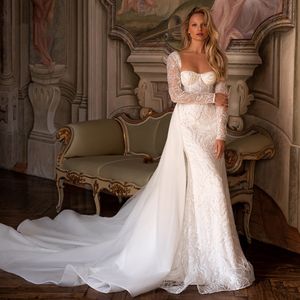 Elegant Mermaid Wedding Dresses Long Sleeves Sweetheart Lace Appliques Sequins Beaded Floor Length Detachable Train Plus Size Elegant Bridal Gowns abiti da sposa