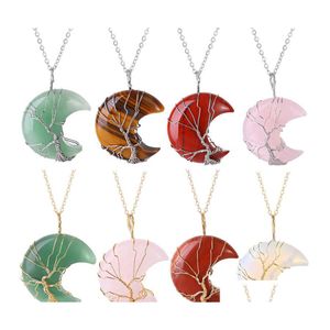 Pendant Necklaces Natural Crystal Gold Sier Tree Of Life Moon Shape Reiki Polished Mineral Jewelry Healing Stone For Men Women Jewel Dhlqh