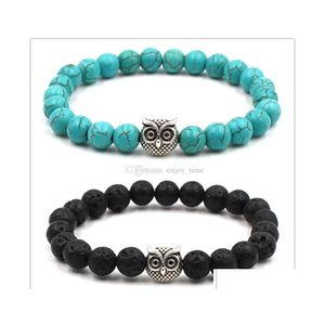 Braccialetti con ciondoli Bracciale con gufo turchese in pietra lavica nera naturale Vaolcano Diffusore di oli essenziali per aromaterapia per donne Yoga Drop Del Dhvhd