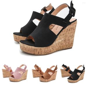 Dress Shoes Pitching Wedge Womens Tan Wedges For Women Summer Open-Toe Hollow Belt Buckle Ladies Fish-Mouth Sandals