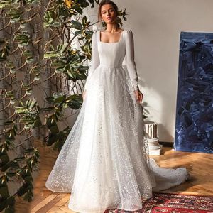 Abiti da festa Classic Backless Full Sleeve Square Neck Boho Abito da sposa per la sposa Sweep Appliques Train Plain White Vestido De Novia 230221