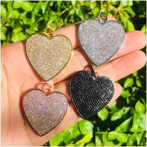 Charms 5Pcs Big Heart Charm Cubic Zirconia Pave Placcato oro Clear Black Pendenti con strass per collana braccialetto Fare fai da te D Dh1Zo