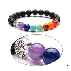 Charm Armband 6mm 8mm Lava Stone Tree of Life 7 Chakra Healing Nce P￤rlor Reiki Buddha Prayer Essential Oil Diffuser Armband Jewel Dhxlo