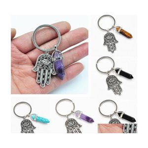 Nyckelringar Natural Stone Hexagonal Prism Palm Keychains Sier Color Healing Rose Crystal Car Decor Keyholder For Women Men Baby Drop D DHCS6