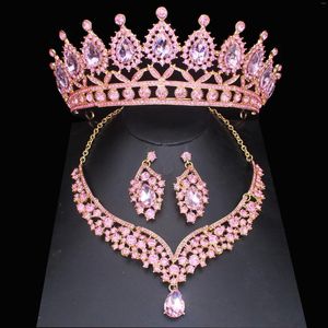 Necklace Earrings Set Pink Crystal Bridal For Women Girl Princess Tiara/Crown Earring Wedding Pageant Prom Jewelry Accessories