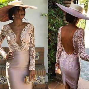 Casual Dresses Sexy Sheer V Neck Mother of the Bride Lace Applique Long Sleeves Backless Vestidos De Novia Short Cocktail Party Gown 230221